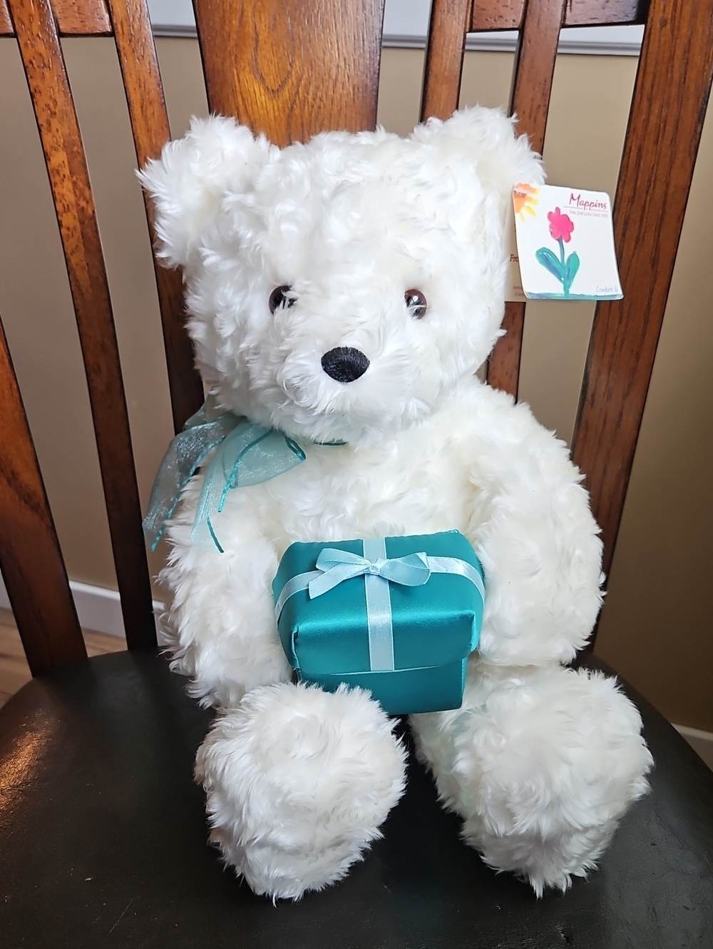 Gund White Teddy Bear With Turquoise Gift Box 12"